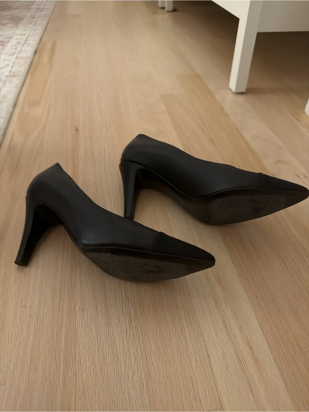 CHANEL Black Leather and Fabric Pointed Toe Pumps